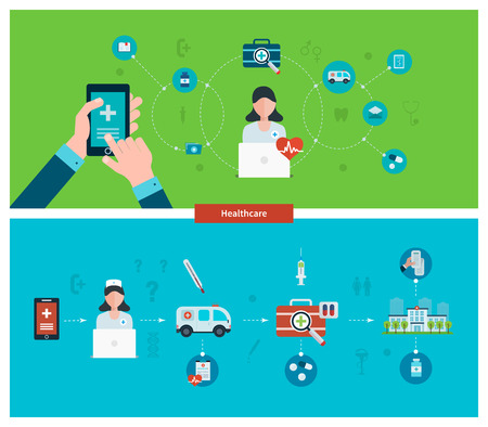 Set of flat design vector illustration concepts for health care, first aid, online medical services and support. Concept for banners and printed materialsのイラスト素材