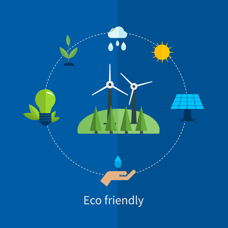 Flat design vector concept illustration with icons of ecology, environment and eco-friendly energyのイラスト素材
