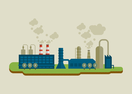 Flat design vector concept illustration infographic elements with icons of industrial factory buildings. Pollution.のイラスト素材
