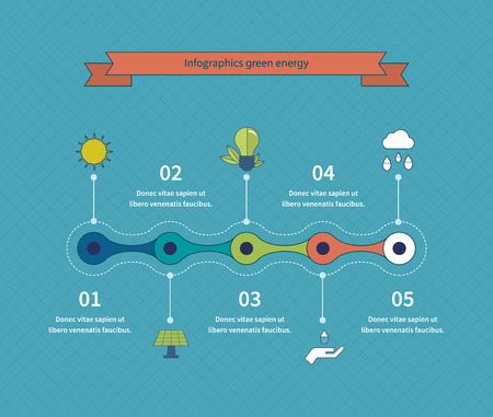 Flat design vector concept illustration with icons of ecology, environment, green energy and eco friendly. Timeline illustration infographic elements. Thin line icons.のイラスト素材