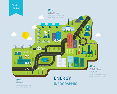 Flat green energy, ecology, eco, clean planet, urban landscape and industrial factory buildings concept vector icon banners template set. Infographic energy template designのイラスト素材