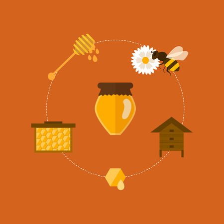 Flat design vector concept illustration with icons of  products bee-keeper and best product organic natural honey beeのイラスト素材