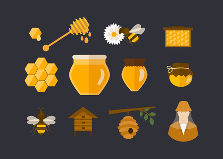 Flat design vector concept illustration with icons of  products bee-keeper garden. Vector illustrationのイラスト素材