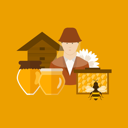 Flat design vector concept illustration with icons of  products bee-keeper and best product organic natural honey beeのイラスト素材