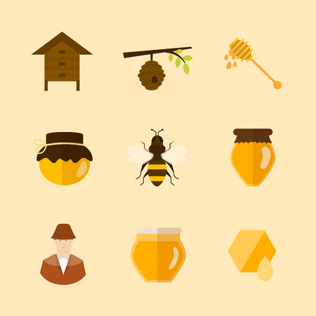 Flat design vector concept illustration with icons of  products bee-keeper and best product organic natural honey beeのイラスト素材