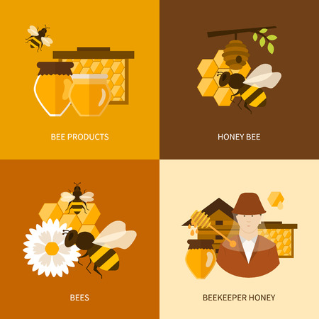 Flat design vector concept illustration with icons of  products bee-keeper, best product organic natural honey bee and beekeeper honeyのイラスト素材