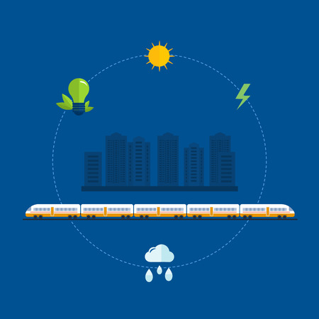 Flat design modern vector illustration icons set of urban landscape, train on railway and eco friendly energyのイラスト素材