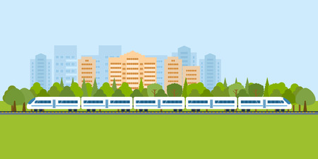 Flat design modern vector illustration icons set of urban landscape and train on railwayのイラスト素材