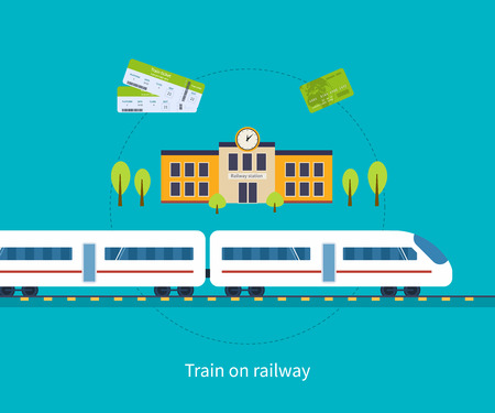 Railway station concept. Train on railway. Flat icons vector illustration.のイラスト素材