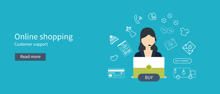 Mobile marketing and online store concept flat icons. Full circle of online-shopping with mail menu of wide range products, product research, basket, pay per click, call center, customer support, delivery.のイラスト素材