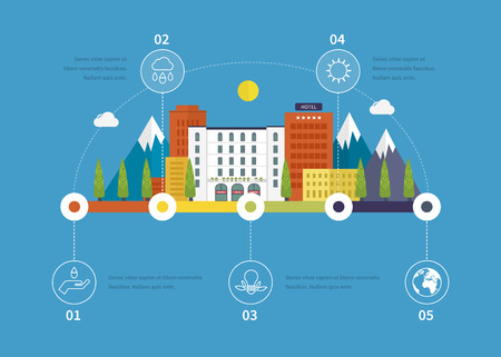 Ecology illustration infographic elements flat design. City landscape. Flat design vector concept illustration with icons of ecology, environment, eco friendly. Buildings icons.のイラスト素材