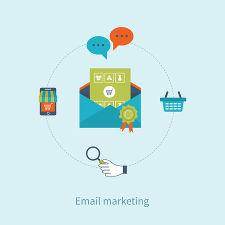 Flat design modern vector illustration icons set of email marketing, online shopping and mobile marketing. Vector illustration of subscribe and wide range products.のイラスト素材