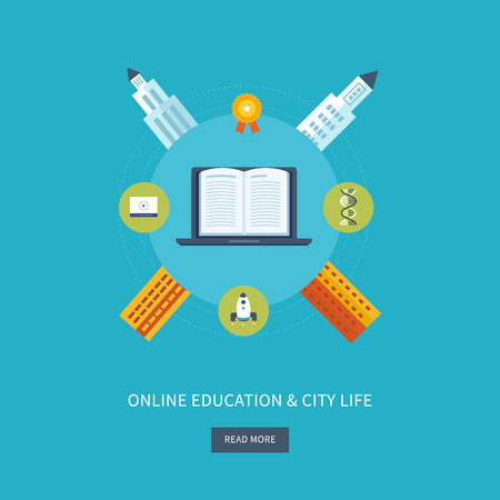 Flat design modern vector illustration icons set of online education, university, urban landscape and city lifeのイラスト素材