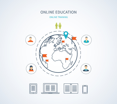 Flat design modern vector illustration icons set of online education, e-learning and online training.  Thin line iconsのイラスト素材