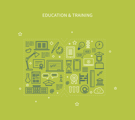Flat design modern vector illustration icons set of distance education, e-learning, courses and training. All elements are presented as a bookのイラスト素材