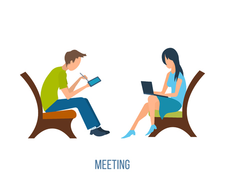 Boy and girl talking on the internet. Online communication concept. Meeting love coupleのイラスト素材
