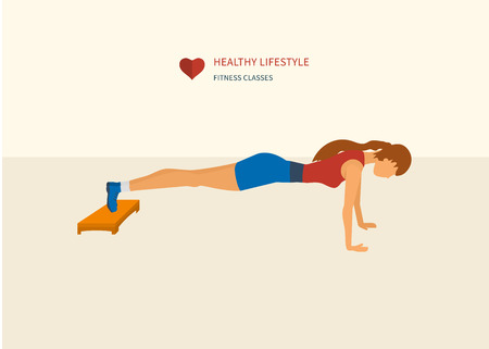 Young adult woman push-up  from the floor in fitness gym concept flat vector illustration. Sport fitness friendly femaleのイラスト素材