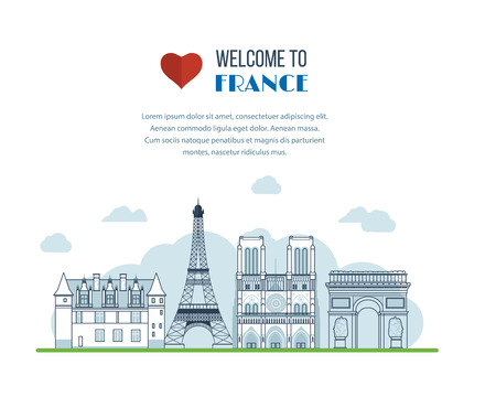 French Landmarks. Vector travel destinations icon set. Eiffel tower, Notre Dame in Paris, Franceのイラスト素材