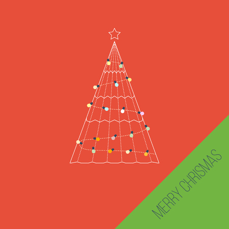 Green stylized carcass tree with a star and light bulbs. Happy New Year. Cute invitation card with winter city life and space for text. Merry Christmas greeting card design. Vector illustrationのイラスト素材