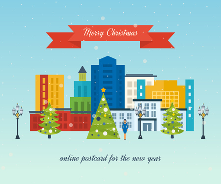 Cute invitation card with winter city life and space for text. Merry Christmas greeting card design. Vector illustration.のイラスト素材