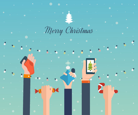 Cute invitation card with winter city life and space for text. Merry Christmas greeting card design. Vector illustrationのイラスト素材