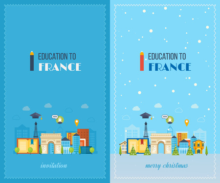 Education to France. Cute invitation card with winter city life and space for text. Merry Christmas greeting card design. Paris Christmas winter. Vector illustration.のイラスト素材