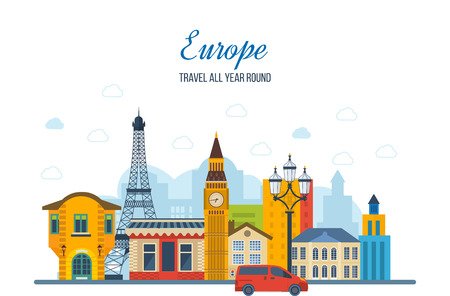 Travel to Europe. French and England landmarks. Travel to France. Eiffel tower, Notre Dame in Paris, France. London travel. Historical and modern building. Vector illustrationのイラスト素材