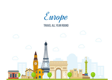 Travel to Europe. French and England landmarks. Travel to France. Eiffel tower, Notre Dame in Paris, France. London travel. Historical and modern building. Vector illustrationのイラスト素材