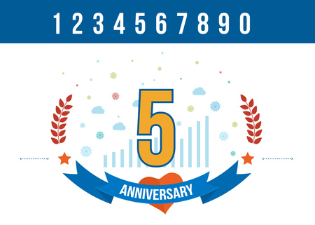 Anniversary happy holiday celebration emblems set with ribbons isolated vector illustration. 5th Anniversary poster. Anniversary template designのイラスト素材