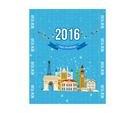 London, United Kingdom and France flat icons design travel concept. Travel to Europe for christmas. Invitation card. Travel to Europe for winter. Merry Christmas greeting card design.のイラスト素材