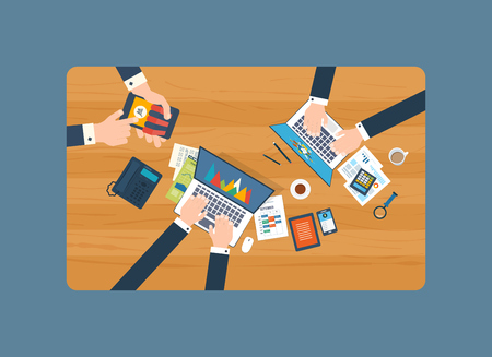 Financial report. Top view of a team working together on a project with documents and laptop. Concepts for business analysis, teamwork, project management. The strategy of a successful business.のイラスト素材