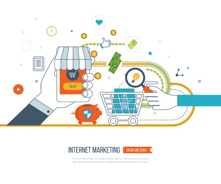 Internet and mobile marketing concept. Social network. Online shopping. Shopping basket. Investment business. Strategy for successful business. Business protection. Mobile banking. Color line iconsのイラスト素材
