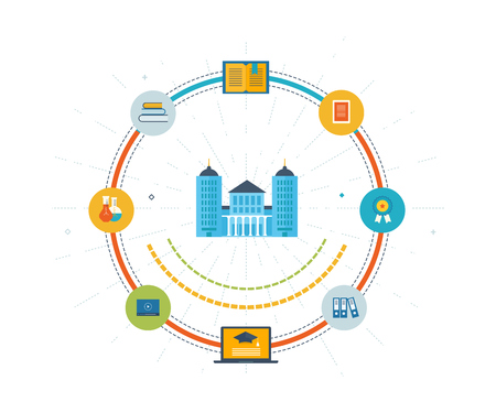 Flat design modern vector illustration icons set of online education and e-learning. Online course from universities and colleges proposes video-on-demand, forum, communication. Color line iconsのイラスト素材