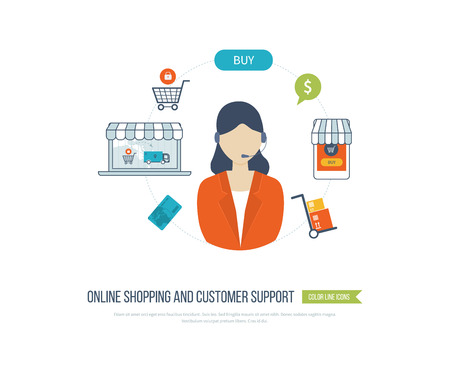 Mobile marketing and online shopping. Full circle of online-shopping with mail menu of wide range products, product research, basket, pay per click, call center, customer support, delivery.のイラスト素材