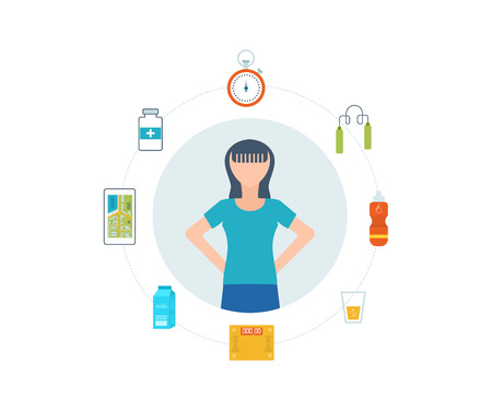 Sport fitness girl exercise workout flat icon. flat set of fitness woman. Flat illustration of fitness elements.  Healthy lifestyle, fitness and physical activity concept.のイラスト素材