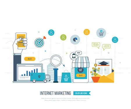 Mobile and internet marketing concept. Online shopping. Shopping basket. Investment business. Strategy for successful business. Mobile banking. Delivery service. Color line iconsのイラスト素材