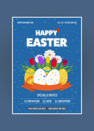 Happy Easter poster. Happy Easter Card with Eggs, Grass, Flowers.  Easter egg design set. Happy Easter isolated. Happy Easter illustration for greeting card, ad, poster, flier, blog, articleのイラスト素材