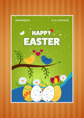 Happy Easter poster. Happy Easter Card with Eggs, Grass, Flowers.  Easter egg design set. Happy Easter isolated. Happy Easter illustration for greeting card, ad, poster, flier, blog, articleのイラスト素材