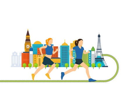 Running woman. Run in Europe. Color line icons of healthy lifestyle, fitness and physical activity. Healthy lifestyle and fitness concept. Urban landscape and city life conceptのイラスト素材
