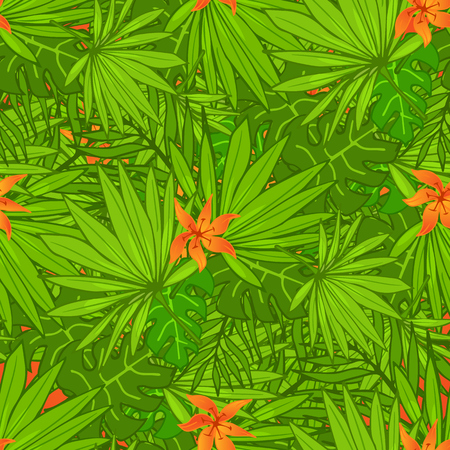 Summer tropical background seamless pattern of palm leaves and flowers. Summer colorful hawaiian backround.のイラスト素材
