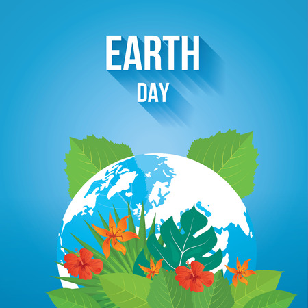 Earth Day and World Map. Ecology concept. Summer tropical background of palm leaves and flowers.のイラスト素材