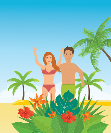 Young couple relaxing on a tropical beach. People on summer beach. Summer people on the sand beach fun vacationのイラスト素材