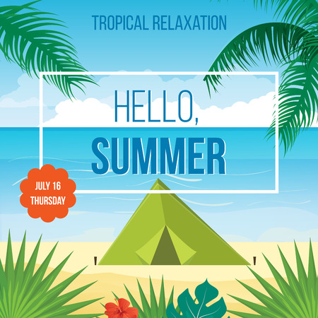 Summer holidays vector background with palm leaves and sea. Summer relaxation poster and flyerのイラスト素材