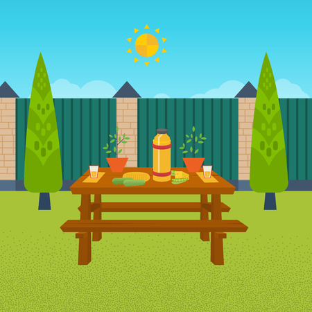 Summer picnic. Table with food and drink. Outdoor picnic house backyard.のイラスト素材