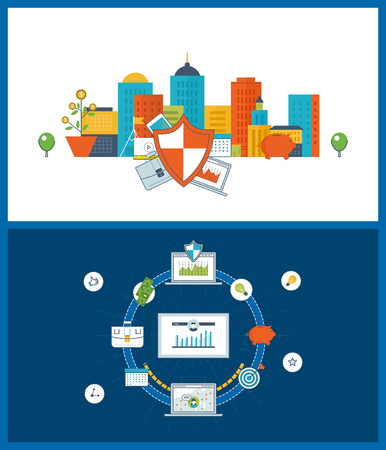 Concepts for business analysis and planning, financial strategy, financial report, consulting, teamwork, project management and development. Investment business. Business protection.のイラスト素材