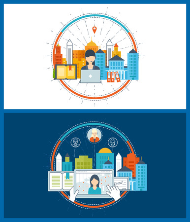 Concept for strategy planning, finance, strategic management, online education. Online training courses for investment. Social network and teamwork concept. School and university building icon.のイラスト素材