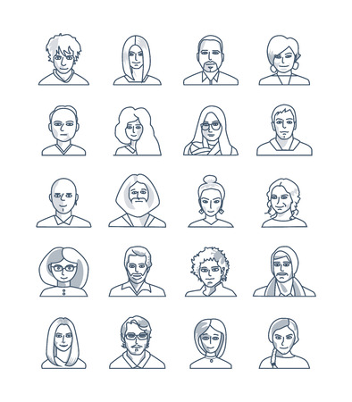 Modern thin line icons set of people avatars for profile page, social network, social media, professional human occupation. Cute cartoon people face.のイラスト素材