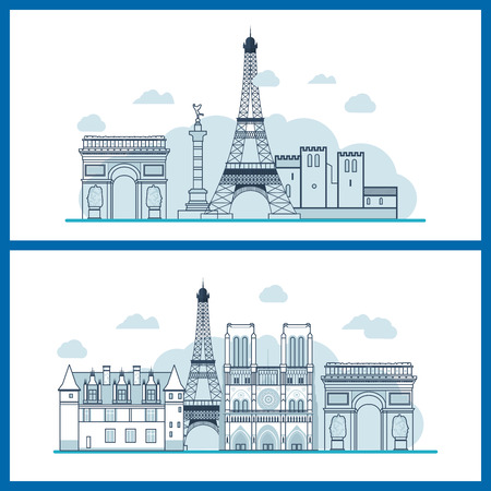 French Landmarks. Travel to France. Eiffel tower, Notre Dame in Paris, France. Thin line buildingのイラスト素材