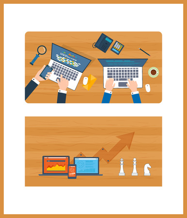 Financial report. Top view of a team working together on a project with documents and laptop. Concepts for business analysis, teamwork, project management. Schedule revenue growthのイラスト素材