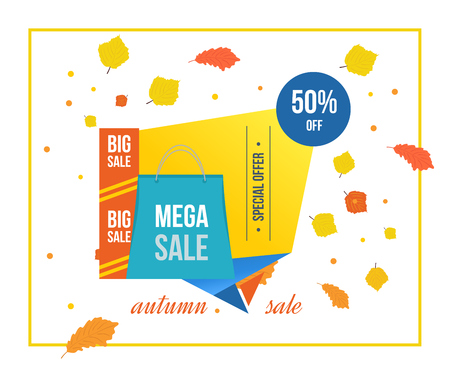 Autumn Super Sale banner on colorful background. Autumn discounts. Special offer. Geometric design. Modern Flyer and Poster. Vector illustration.のイラスト素材